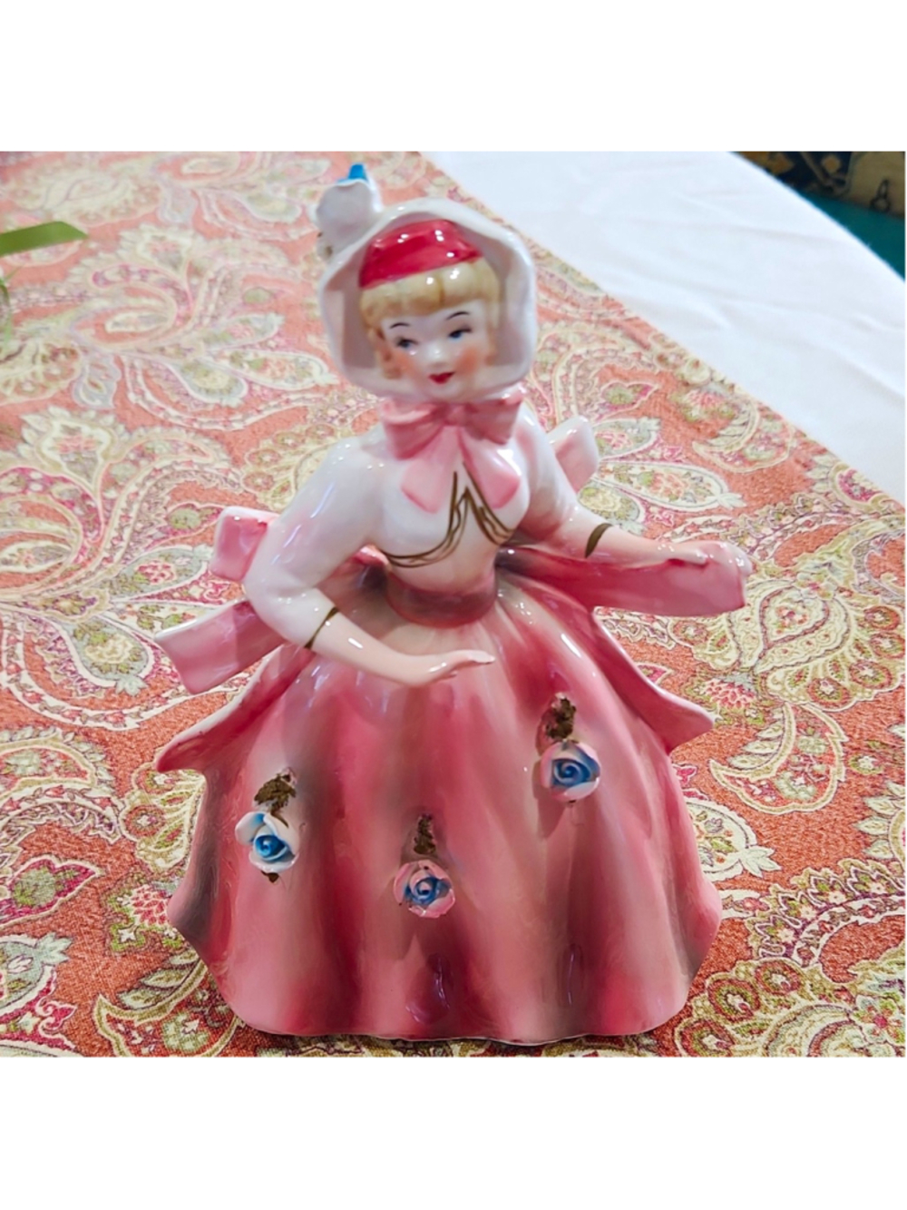 MCM Japan Ceramic Girl Figurine Pink Dress Floral Blue Roses Hand Painted,Mint